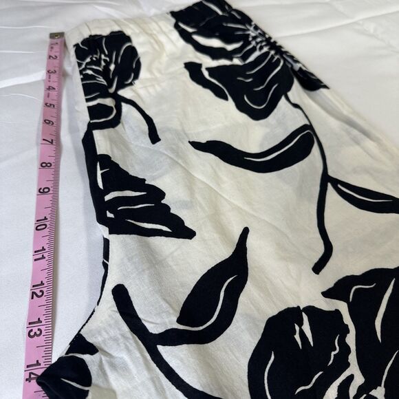 Talbots Wide Leg Pants 100%  Linen Black White Floral Size Large Crop Tropical - Picture 5 of 8